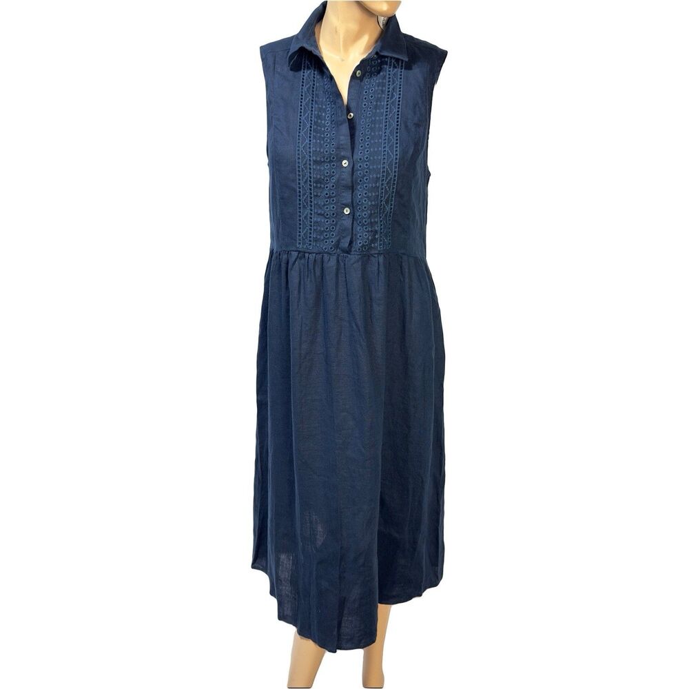 ARTISAN NY Navy Blue 100% Linen Sleeveless Shirt Dress Embroidered Midi M NWT